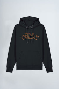 Black hoodie with 'Velvet' text on a light background
