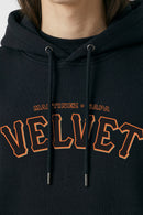 Black hoodie with orange text on a plain background