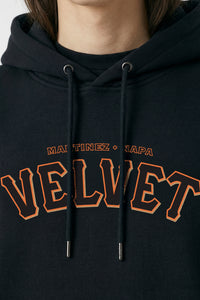 Black hoodie with orange text on a plain background