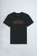 Black t-shirt with 'Velvet' text on a light background