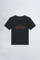 Black t-shirt with 'Velvet' text on a light background