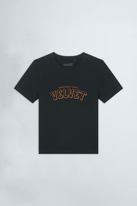 Black t-shirt with 'Velvet' text on a light background