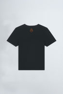 Black t-shirt with a logo on the chest against a gray background