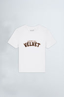 White t-shirt with 'Velvet' text on a light background