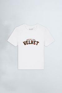 White t-shirt with 'Velvet' text on a light background