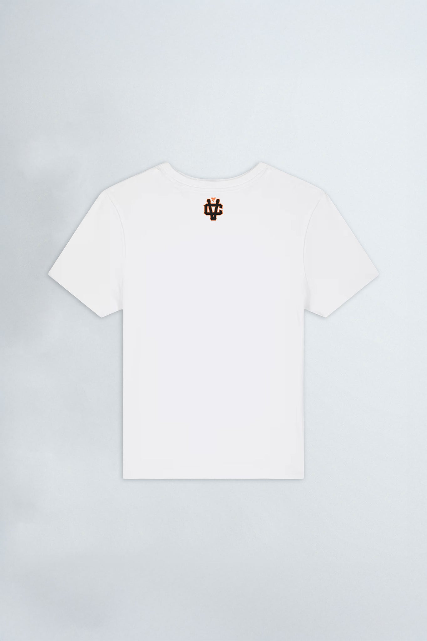 White t-shirt with a logo on the chest against a light background