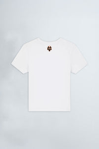 White t-shirt with a logo on the chest against a light background