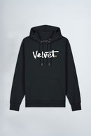 Black hoodie with 'Velvet' text on a light background