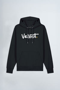 Black hoodie with 'Velvet' text on a light background