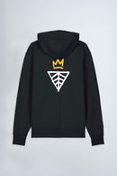 Black hoodie with a logo on the back against a light background
