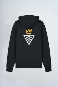 Black hoodie with a logo on the back against a light background