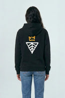 Person wearing a black hoodie with a logo on the back against a light background