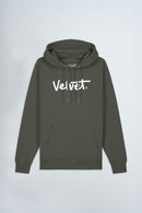 Khaki green hoodie with 'Velvet' text on a light background