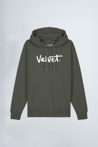 Khaki green hoodie with 'Velvet' text on a light background