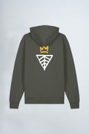 Khaki green hoodie with a logo on the back against a light background