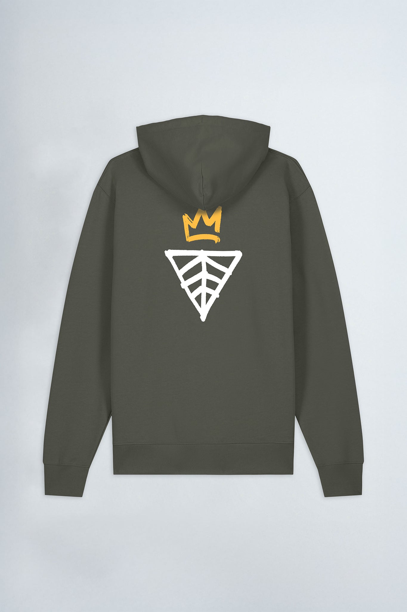 Khaki green hoodie with a logo on the back against a light background
