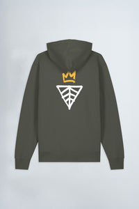 Khaki green hoodie with a logo on the back against a light background