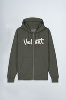 Khaki green hoodie with 'Velvet' logo on a light background