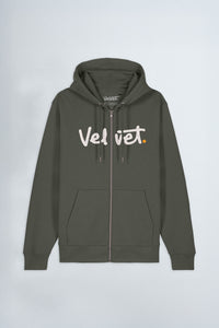 Khaki green hoodie with 'Velvet' logo on a light background