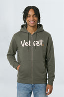 Person wearing a Khaki green hoodie with 'Velvet' text on a light background