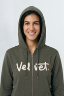 Person wearing a Khaki green hoodie with 'Velvet' text on a plain background