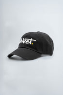 Black cap with white text on a light gray background