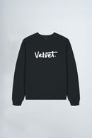 Black sweatshirt with 'Velvet' text on a light background
