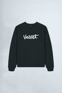 Black sweatshirt with 'Velvet' text on a light background