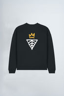 Black sweatshirt with a logo on a light background