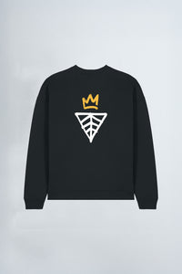 Black sweatshirt with a logo on a light background