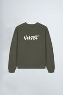Khaki green sweatshirt with 'Velvet' text on a white background