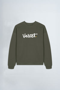 Khaki green sweatshirt with 'Velvet' text on a white background