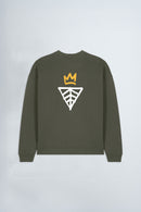 Khaki Green sweatshirt with a logo on the back against a light background