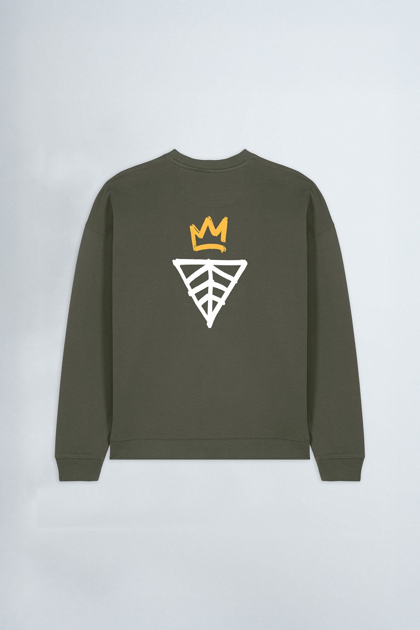 Khaki Green sweatshirt with a logo on the back against a light background