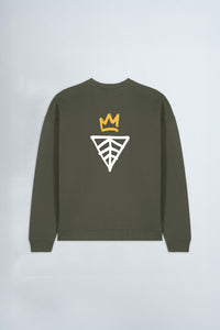 Khaki Green sweatshirt with a logo on the back against a light background