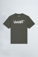 Khaki Green t-shirt with 'Velvet' logo on a light gray background