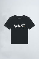 Black t-shirt with 'Velvet' logo on a light background