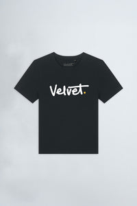 Black t-shirt with 'Velvet' logo on a light background