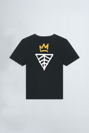 Black t-shirt with a white logo and yellow crown on a light background