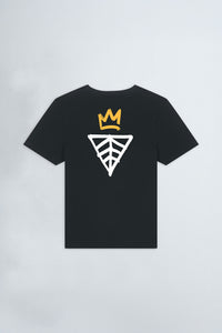 Black t-shirt with a white logo and yellow crown on a light background
