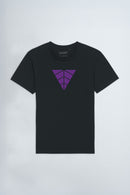 Black t-shirt with a triangle logo on a light background