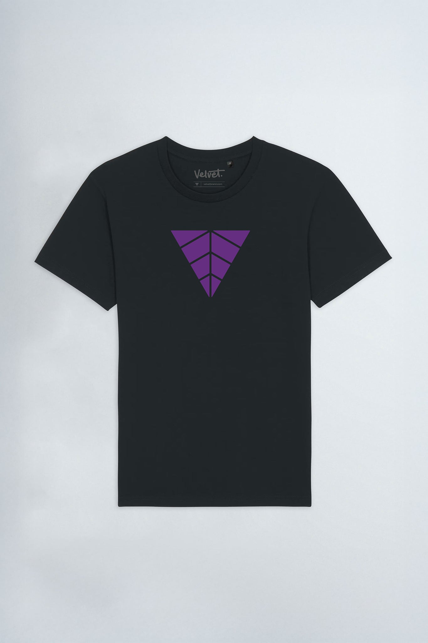 Black t-shirt with a triangle logo on a light background