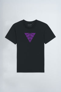 Black t-shirt with a triangle logo on a light background