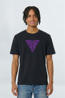 Person wearing a black t-shirt with a purple geometric design on a light background
