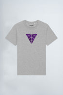 Heather gray t-shirt with a purple geometric logo on a background