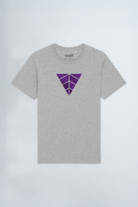 Heather gray t-shirt with a purple geometric logo on a background