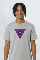 Person wearing a heather gray t-shirt with a purple geometric logo on a light background