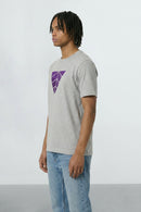 Person wearing a heather gray t-shirt with a purple logo on a light  background