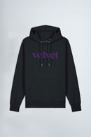 Black hoodie with 'velvet' text in purple on a light background