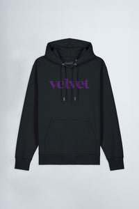 Black hoodie with 'velvet' text in purple on a light background